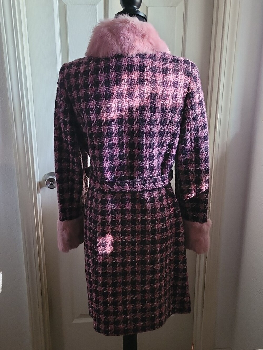 Guess Pink and PURPLE Houndstooth RABBIT Fur Trim Pea Coat SIZE M 45% WOOL - Picture 11 of 15